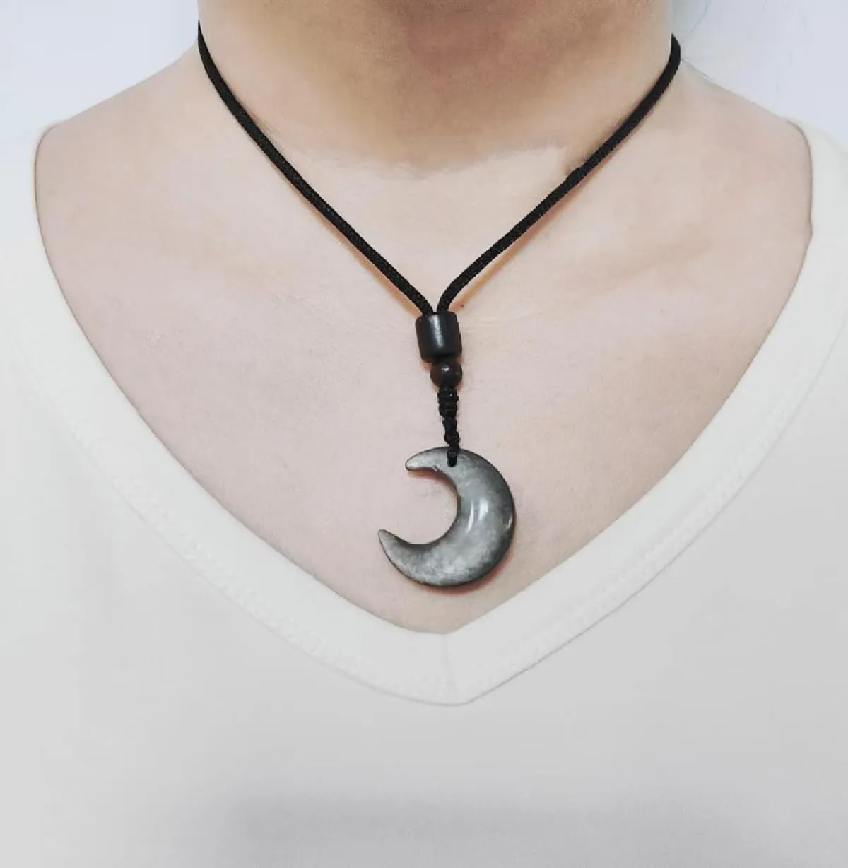 Obsidian Necklace Moon Pendant with Adjustable Cord in 16-25inch for Women or Men Choker Handmade Necklace Jewelry Healing Crystal Dainty Cute Gifts for Bestfriend&Teen&Birthday Silver Obsidian Moon