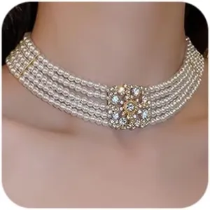 Octwine 1920s Dainty Boho Rhinestones Pearls Short Choker Necklace Chain Multilayer Choker Necklaces