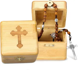 Olive Wood Rosary With Box Jerusalem Blessed Gift Religion From The Holy Land Dangling Cross Pendant & Traditional Cord For Men And Women Catholic Necklace St Saint Benedict Medal Crucifix