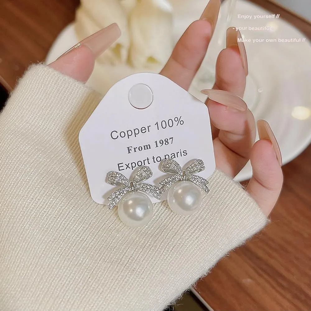 ONLYJUMP Sparkly Bow Earrings - Pearl & Crystal Rhinestone Tassel Dangling Earrings for Women