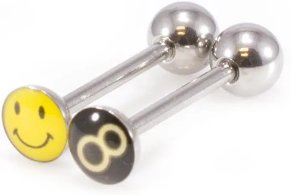 Package of Two Tongue Barbell with Logo Design, Tongue Rings with Unique Designed Balls.