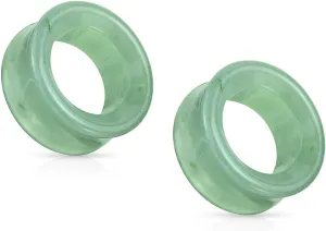 Pair (2PCS) GREEN AVENTURINE STONE TUNNELS Double Flare Gauges Jade Organic Ear Plugs 9170
