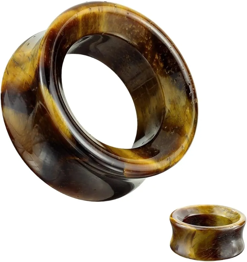 Pair (2PCS) TIGER EYE STONE TUNNELS Double Flare Organic Gauges Ear Plugs 9301