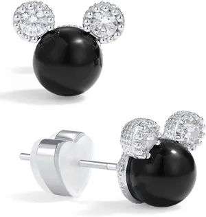 PANSTAR Pearl Earrings for Women - Hypoallergenic 925 Sterling Silver Posts with Pearls & Zircon Gems - Lightweight Mini Mouse Studs with Gift Box