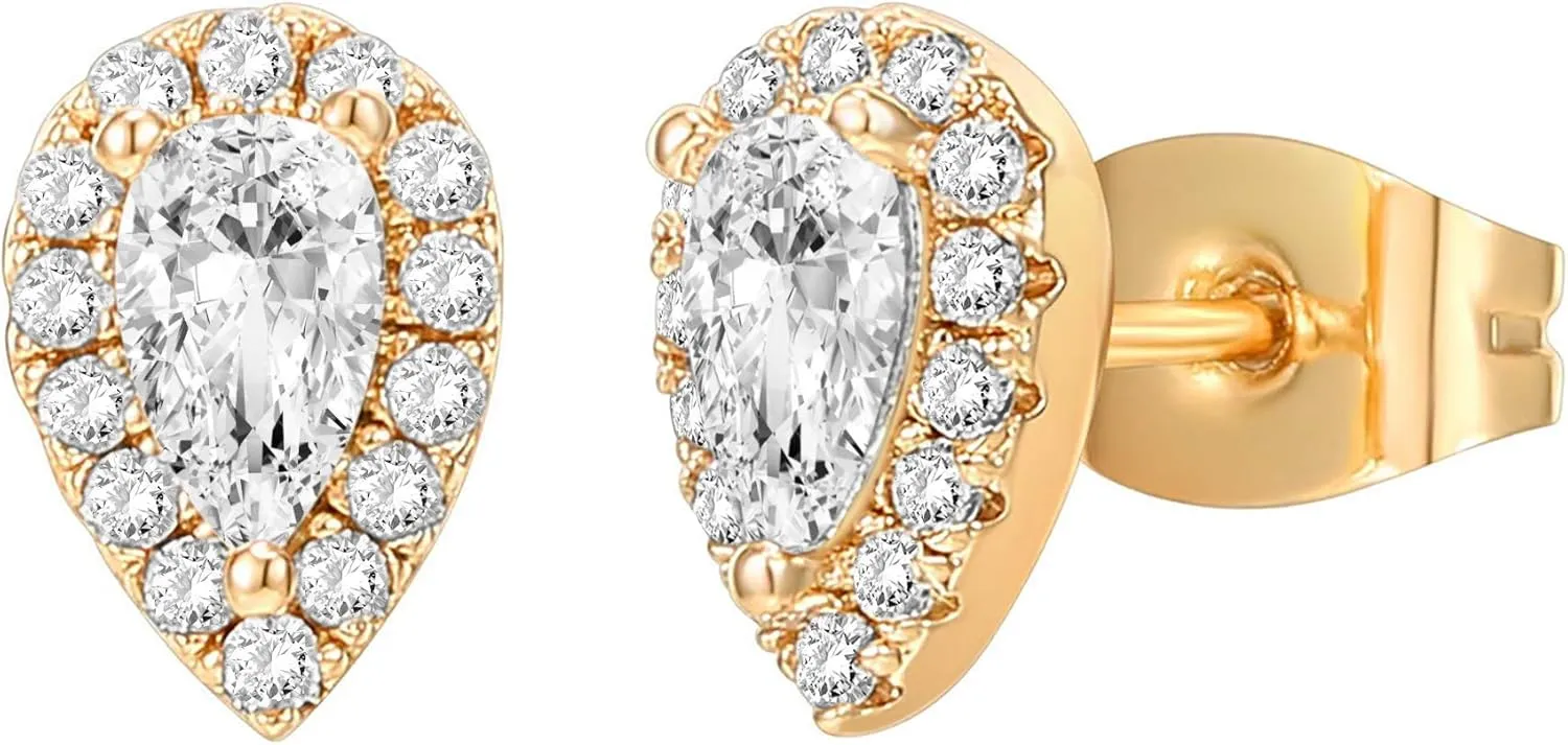 PAVOI 14K Gold Plated Sterling Silver Post Brilliant Round Faux Diamond Halo Earrings - Premium Cubic Zirconia in Rose, White, and Yellow Gold