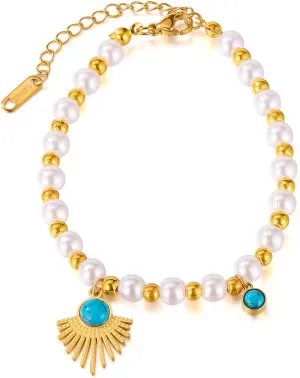 Pearl and Turquoise Charm Bracelet, Gold-Tone Stainless Steel, Vintage Style