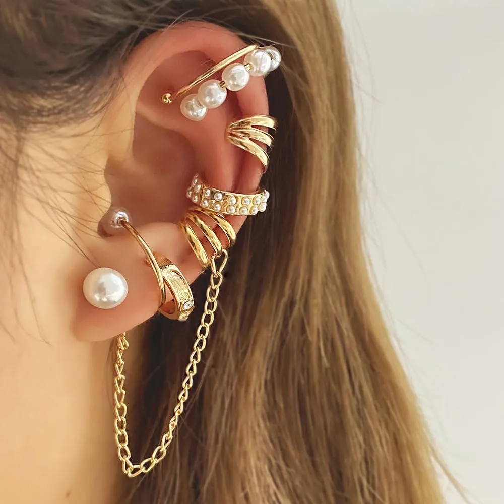 Pearl Ear Cuff Earrings Set for Women Trendy Charm Non Piercing Ear Cartilage Earrings Gold Silver Clip Wrap Earring Pack Jewelry Gifts
