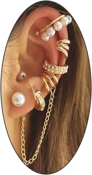 Pearl Ear Cuff Earrings Set for Women Trendy Charm Non Piercing Ear Cartilage Earrings Gold Silver Clip Wrap Earring Pack Jewelry Gifts