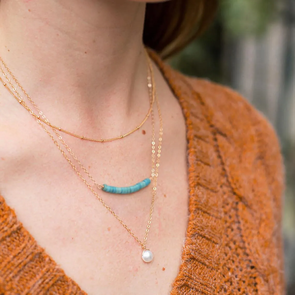 PEARLADA Turquoise/Lapis Lazuli Beaded Bar Pendant Necklace, Dainty 18k Gold Chain Choker Necklace, Boho Turquoise Jewelry for Women