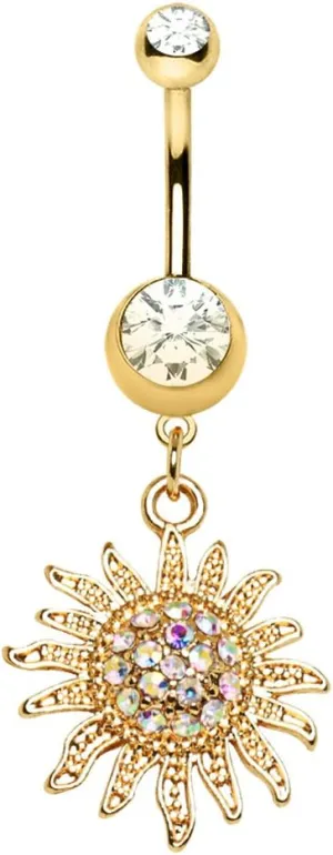 Pierced Owl Gold Plated Shimmering Sunburst Dangling Belly Button Ring