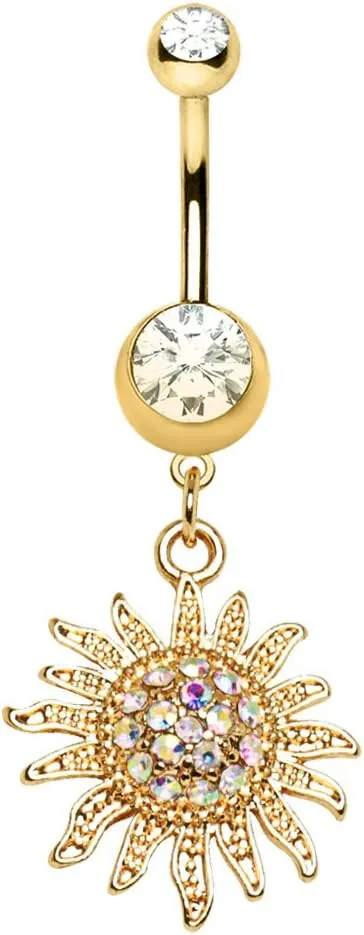Pierced Owl Gold Plated Shimmering Sunburst Dangling Belly Button Ring