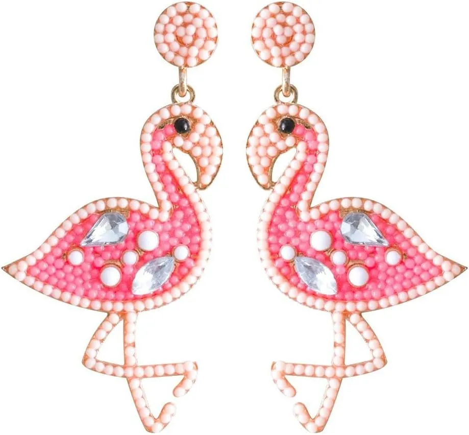 Pink Beaded Flamingo Earrings Handmade Boho Flamingo Earrings Pink Animal Flamingo Statement Drop Dangle Earrings For Women