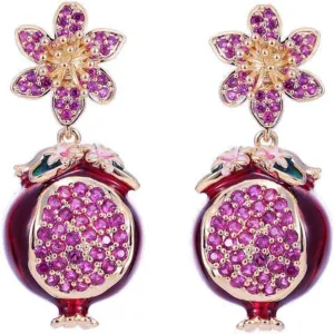 Pomegranate Earrings for Women Cubic Zirconia Pomegranate Dangle Earrings Enamel Flower Drop Earrings Red Crystal Pomegranate Earring Unique Trendy Fruit Jewelry