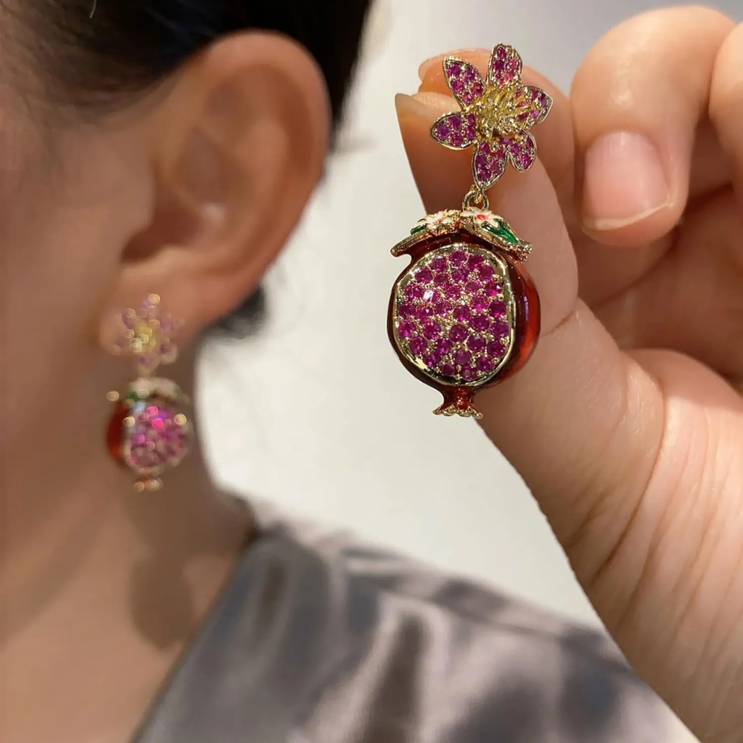 Pomegranate Earrings for Women Cubic Zirconia Pomegranate Dangle Earrings Enamel Flower Drop Earrings Red Crystal Pomegranate Earring Unique Trendy Fruit Jewelry