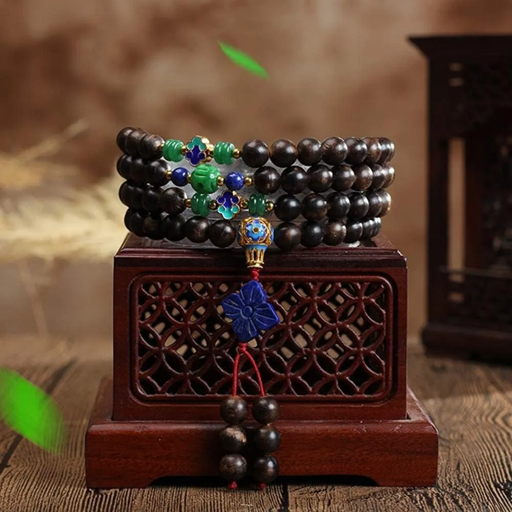 Prayer Beads,Beads Necklace,Bracelet, 108 Prayer Beads Bracelet 8MM Natural Agarwood Tibetan Buddhist Meditation Bead Bracelet/Necklace with Lapis Lazuli Flower Pendant(Color:Beaded)