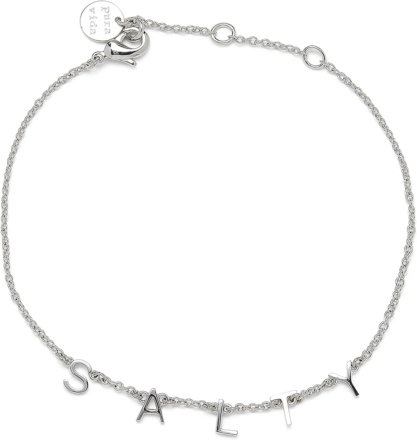 Pura Vida 7.25" Silver Salty Letter Charms Bracelet - Brass Base, Adjustable Chain - 1" Extender
