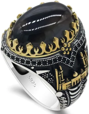 Qida Natural Agate Men's Ring S925 Pure Silver Black Agate Stone Ring Vintage Castle Men's Ring Gothic Unique Bracelet