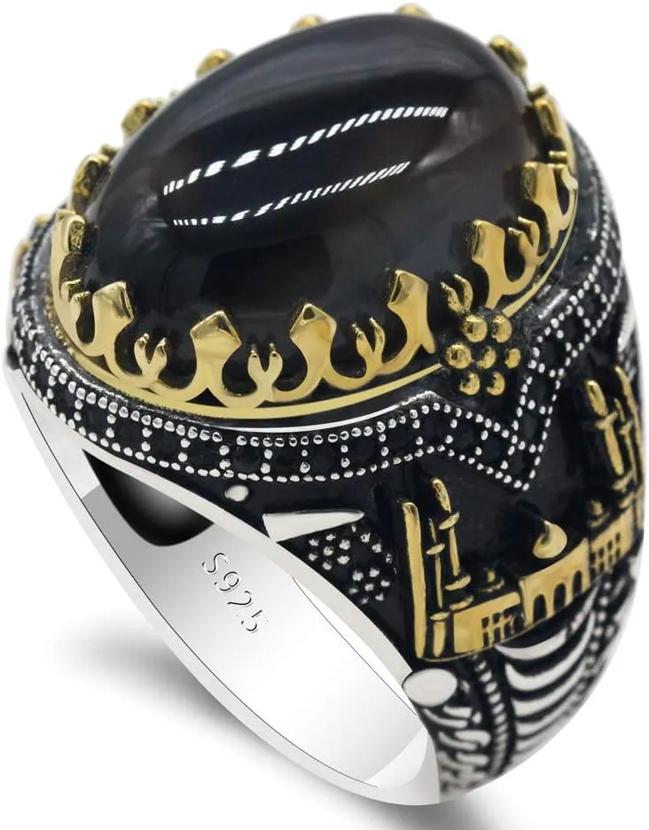 Qida Natural Agate Men's Ring S925 Pure Silver Black Agate Stone Ring Vintage Castle Men's Ring Gothic Unique Bracelet