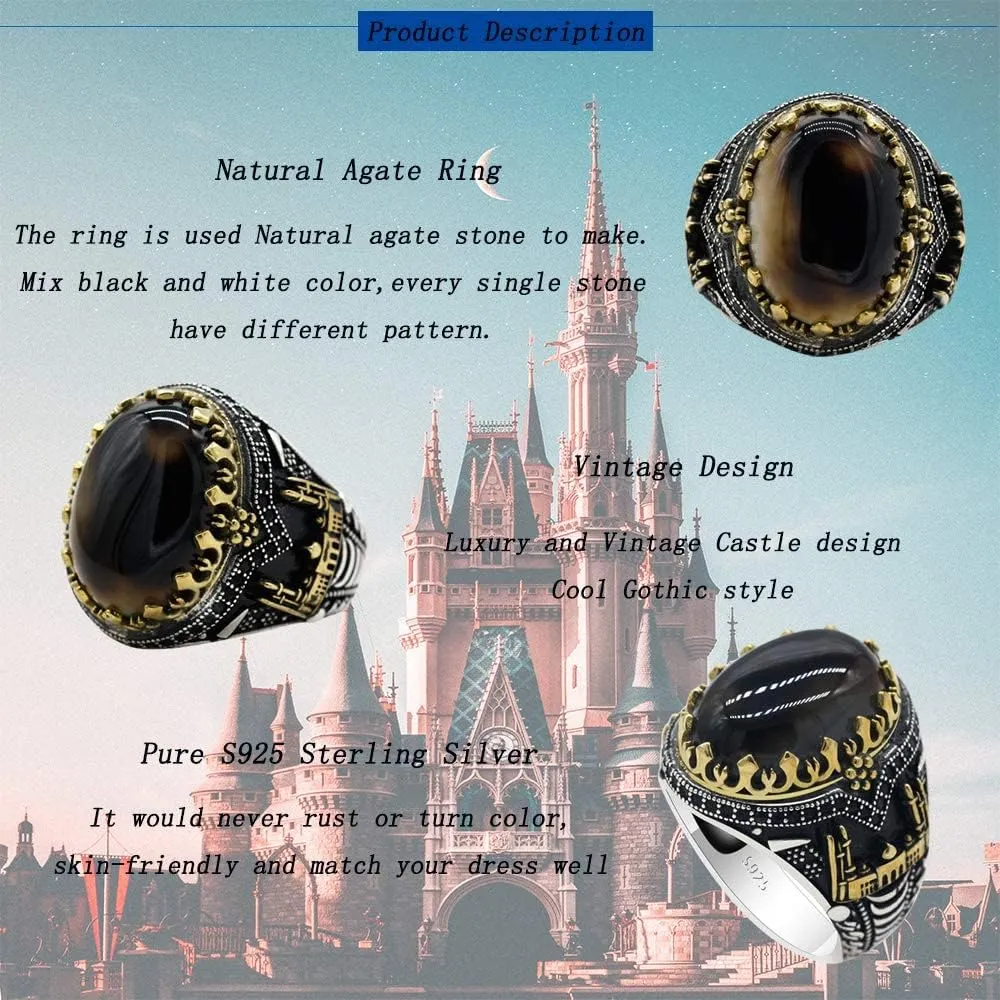 Qida Natural Agate Men's Ring S925 Pure Silver Black Agate Stone Ring Vintage Castle Men's Ring Gothic Unique Bracelet