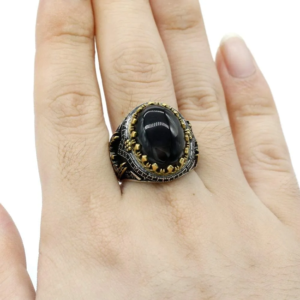 Qida Natural Agate Men's Ring S925 Pure Silver Black Agate Stone Ring Vintage Castle Men's Ring Gothic Unique Bracelet