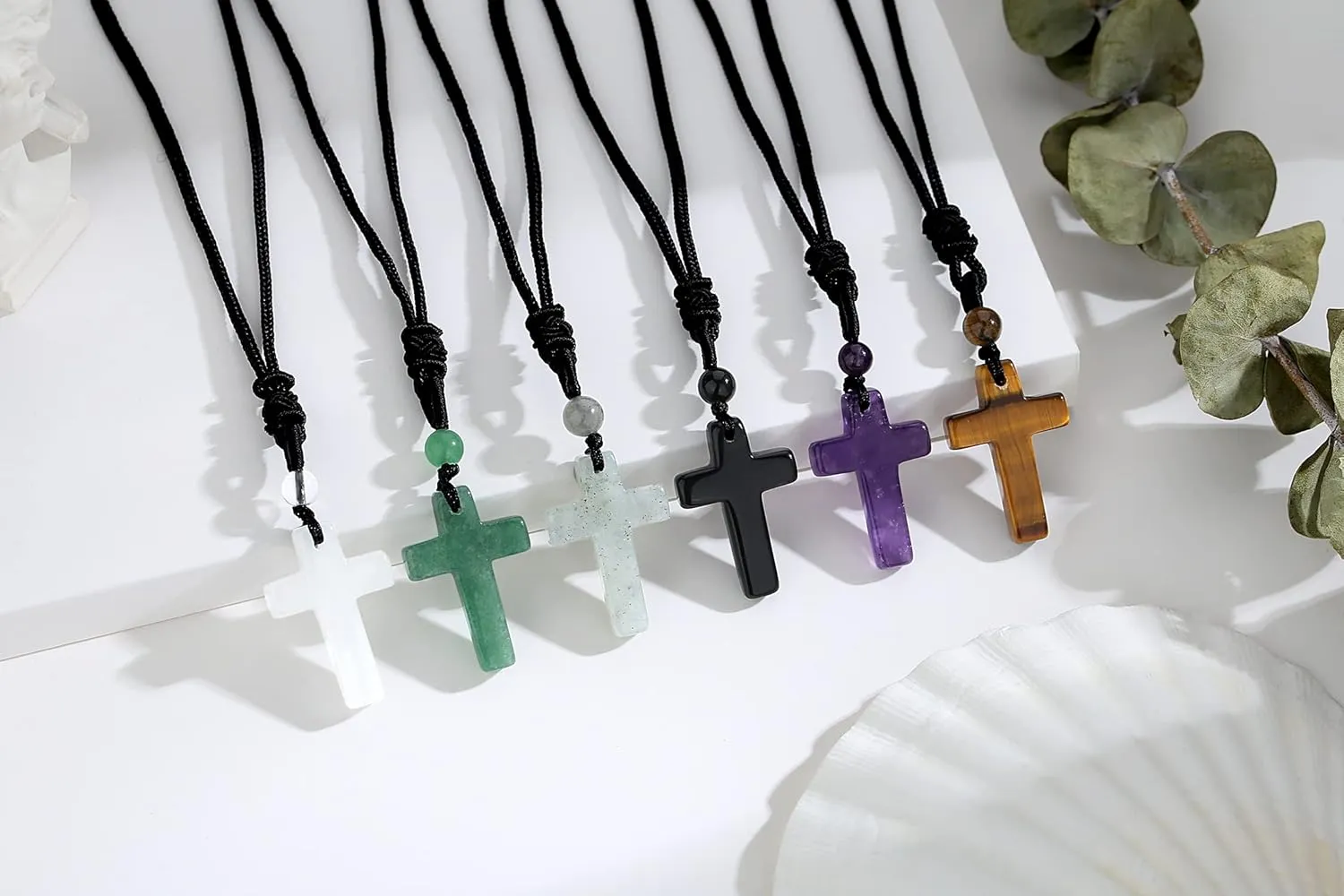 QINJIEJIE Cross Crystal Necklace Adjustable Black Rope Natural Gemstone Quartz Stone Necklaces for Men Women Father's Day Gift