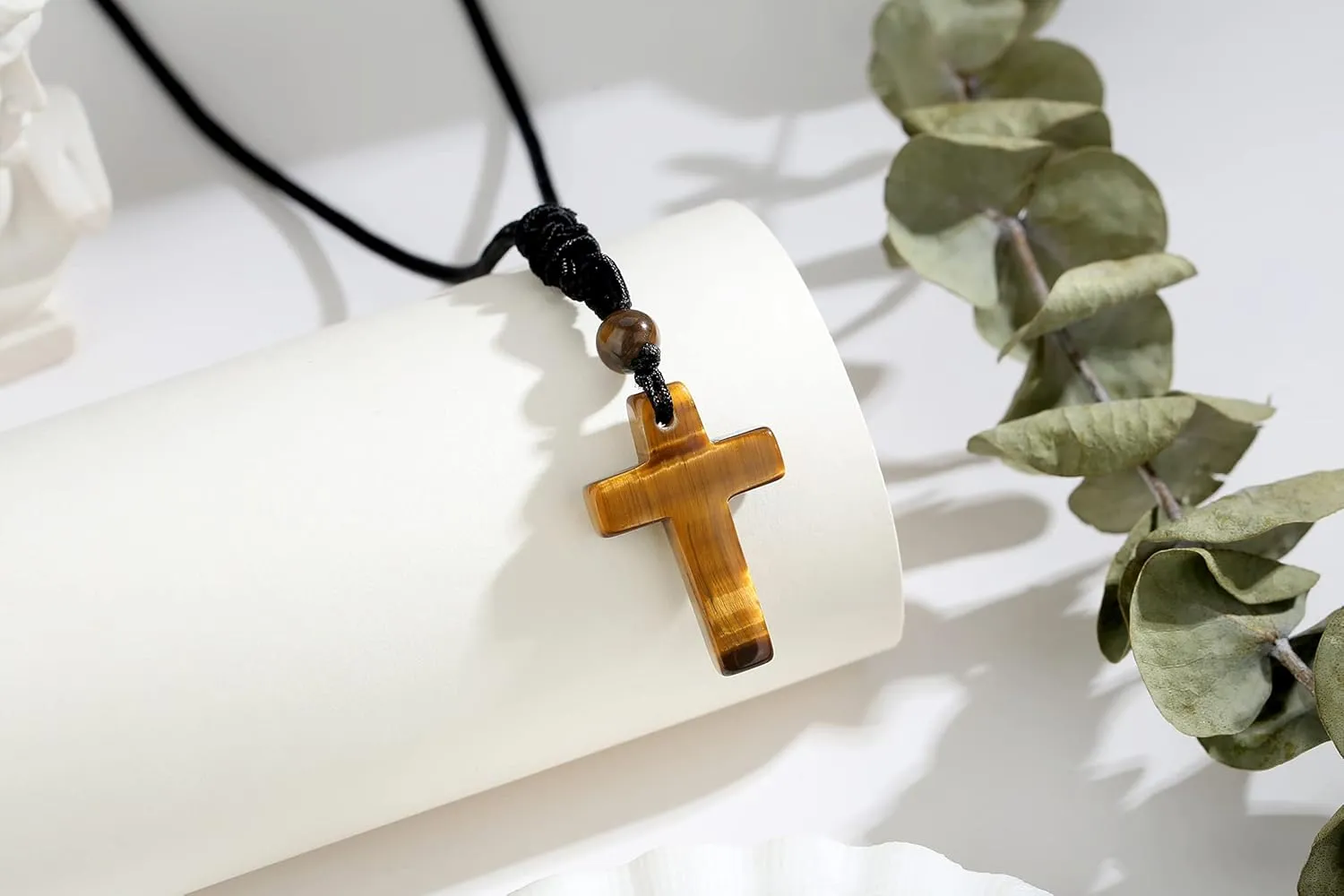 QINJIEJIE Cross Crystal Necklace Adjustable Black Rope Natural Gemstone Quartz Stone Necklaces for Men Women Father's Day Gift