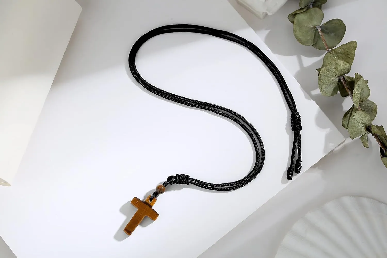 QINJIEJIE Cross Crystal Necklace Adjustable Black Rope Natural Gemstone Quartz Stone Necklaces for Men Women Father's Day Gift