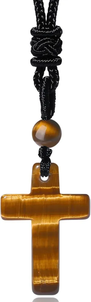 QINJIEJIE Cross Crystal Necklace Adjustable Black Rope Natural Gemstone Quartz Stone Necklaces for Men Women Father's Day Gift