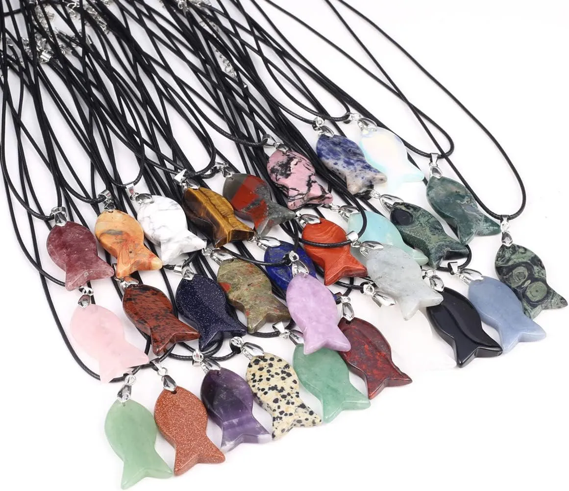 QSLLER 6PCS Handmade Fish-shaped Crystal Pendant Necklace Natural Stone Tiger Eye Amethyst Charms Leather Cord Necklaces Choker Jewelry