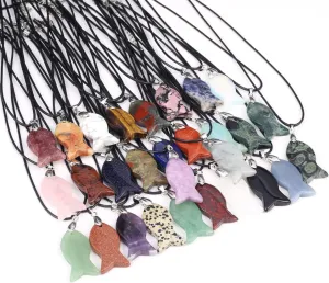 QSLLER 6PCS Handmade Fish-shaped Crystal Pendant Necklace Natural Stone Tiger Eye Amethyst Charms Leather Cord Necklaces Choker Jewelry