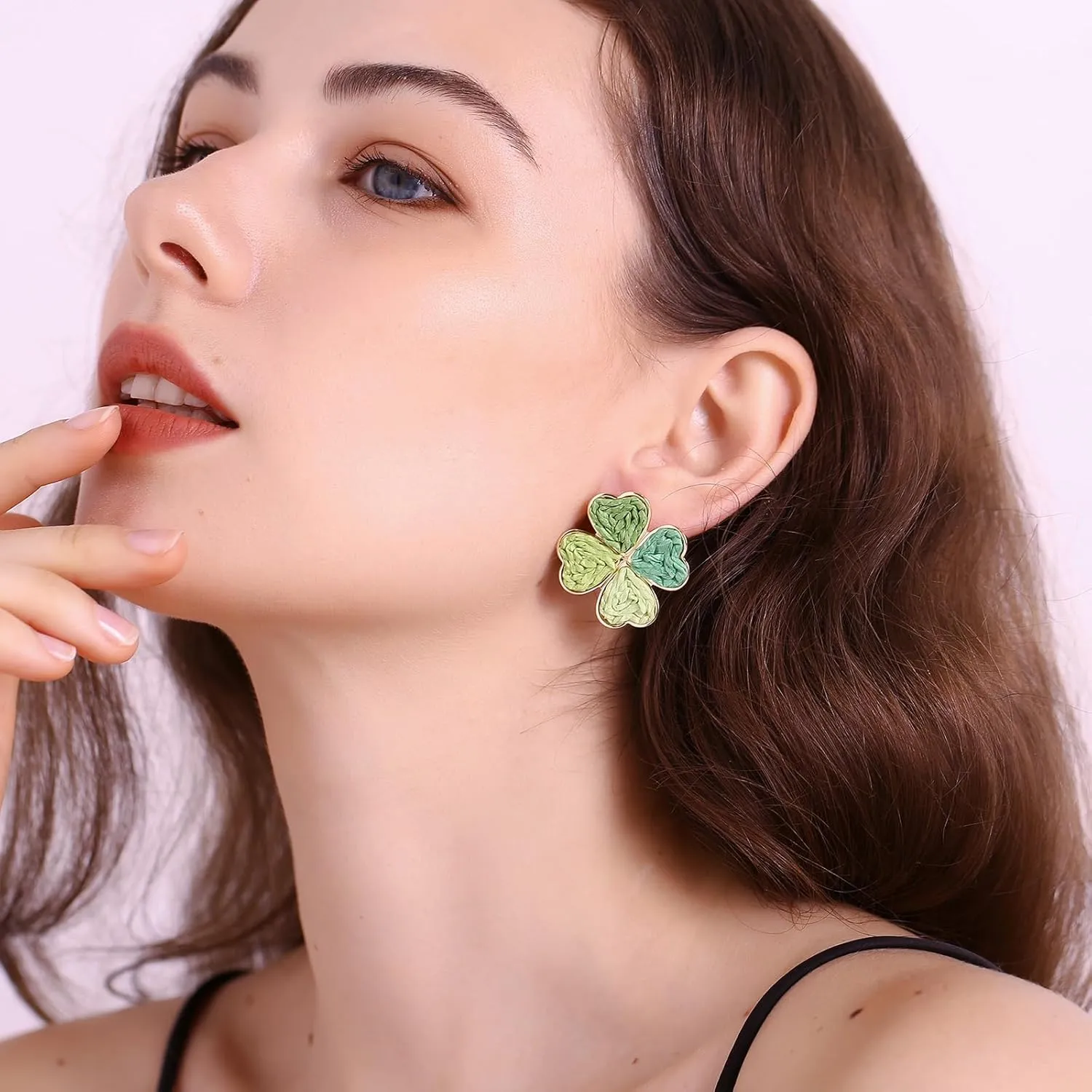 Raffia Four Leaf Clover Earrings, Raffia Straw Wrapped Shamrock Green Lucky Stud Earrings