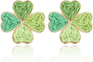 Raffia Four Leaf Clover Earrings, Raffia Straw Wrapped Shamrock Green Lucky Stud Earrings