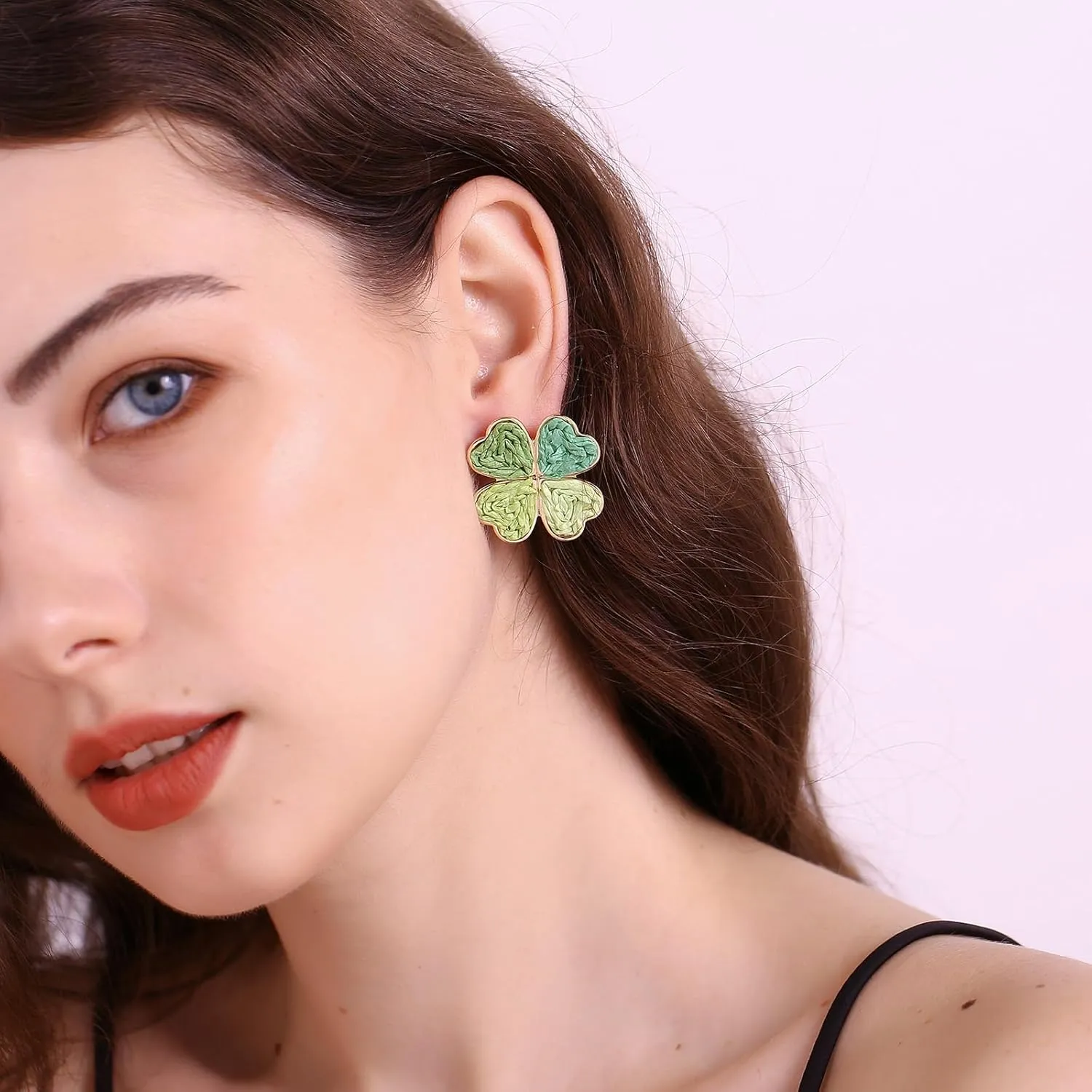 Raffia Four Leaf Clover Earrings, Raffia Straw Wrapped Shamrock Green Lucky Stud Earrings