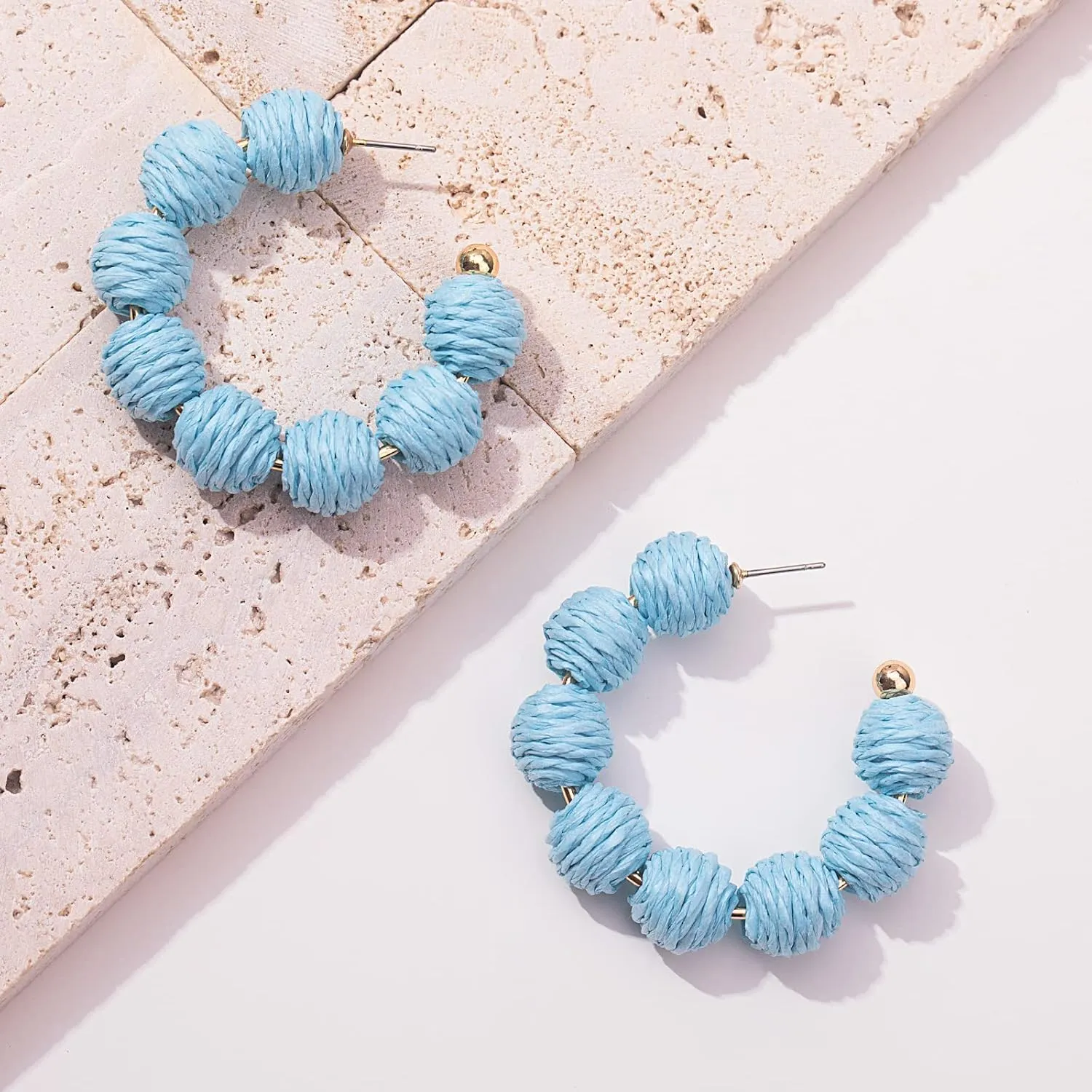 Raffia Hoop Boho Earrings - Cute Rattan Handmade Colorful Earrings for Women - Unique Summer Jewelry