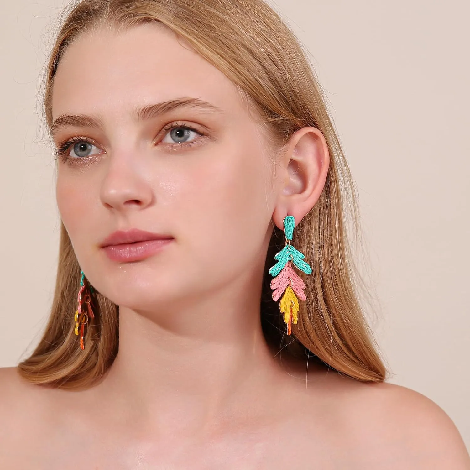 Raffia Long Palm Leaf Earrings, Colorful Handmade Rattan Leaf Drop Dangle Earrings Summer Tropical Beach Jewelry