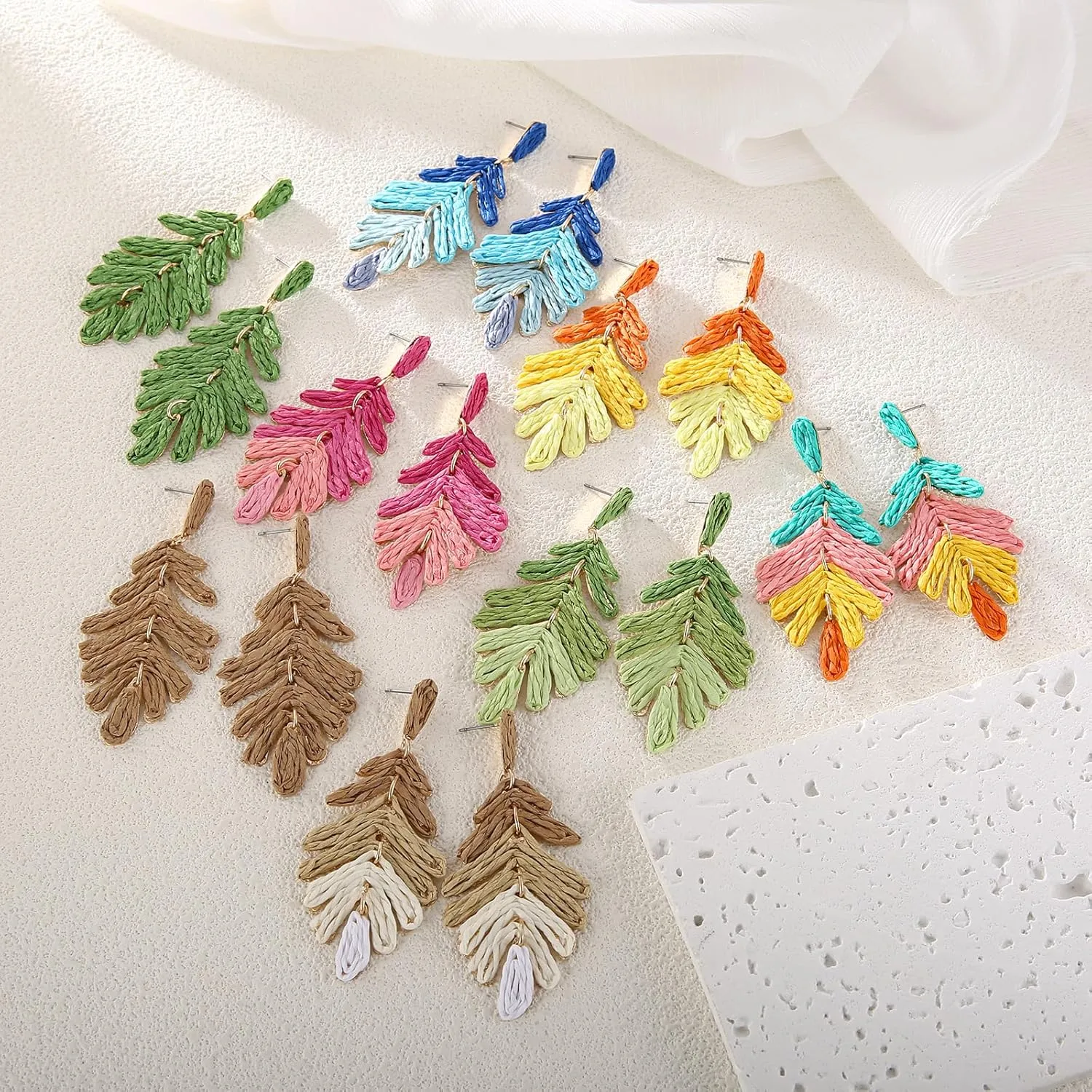 Raffia Long Palm Leaf Earrings, Colorful Handmade Rattan Leaf Drop Dangle Earrings Summer Tropical Beach Jewelry