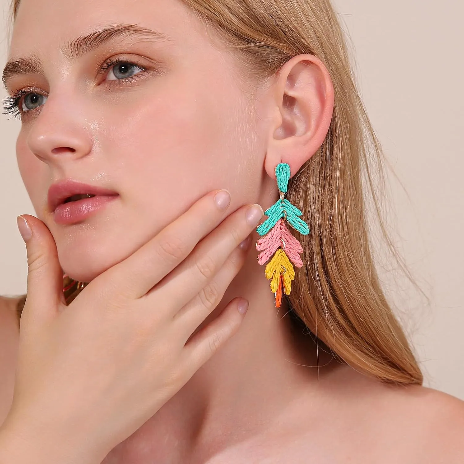 Raffia Long Palm Leaf Earrings, Colorful Handmade Rattan Leaf Drop Dangle Earrings Summer Tropical Beach Jewelry