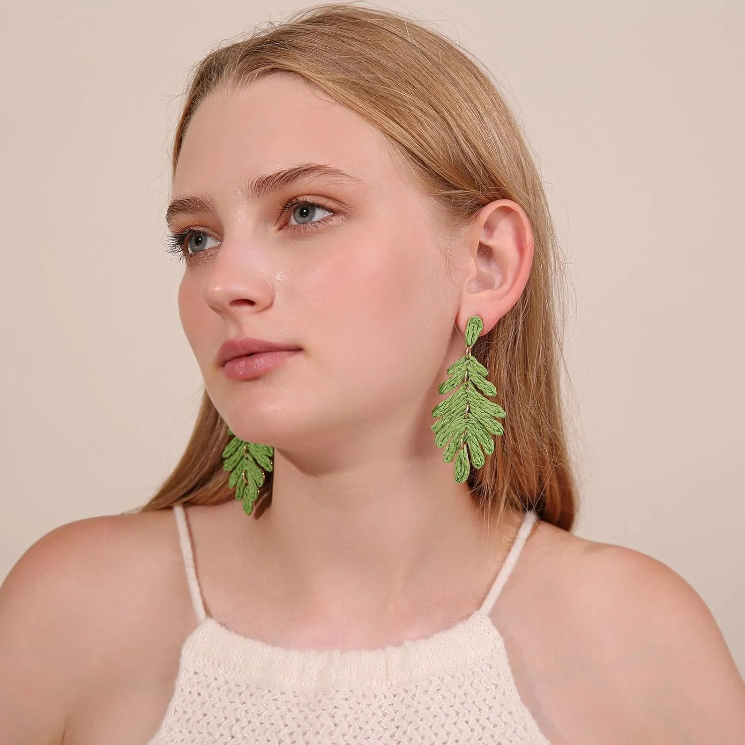Raffia Long Palm Leaf Earrings, Colorful Handmade Rattan Leaf Drop Dangle Earrings Summer Tropical Beach Jewelry