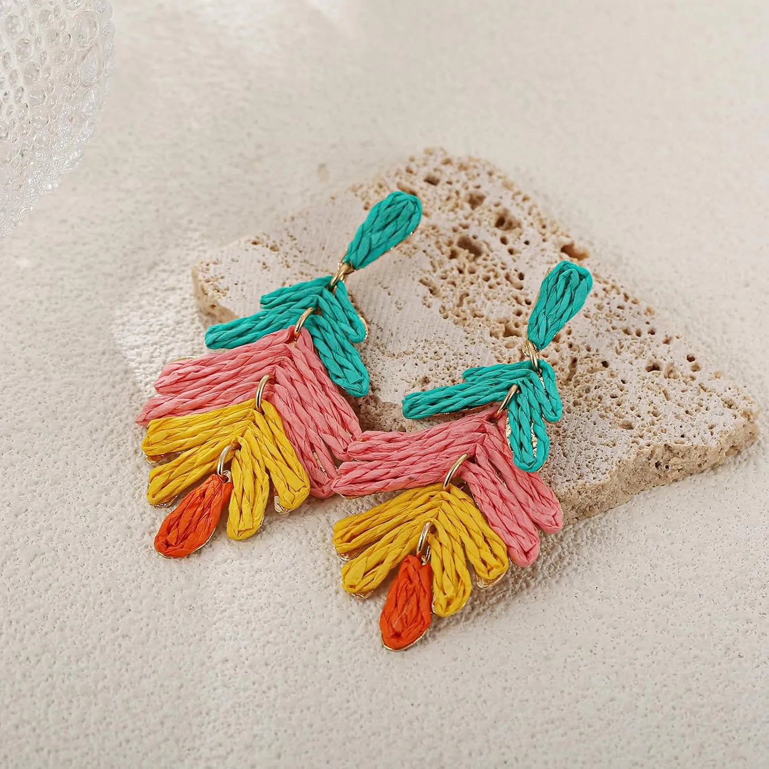 Raffia Long Palm Leaf Earrings, Colorful Handmade Rattan Leaf Drop Dangle Earrings Summer Tropical Beach Jewelry