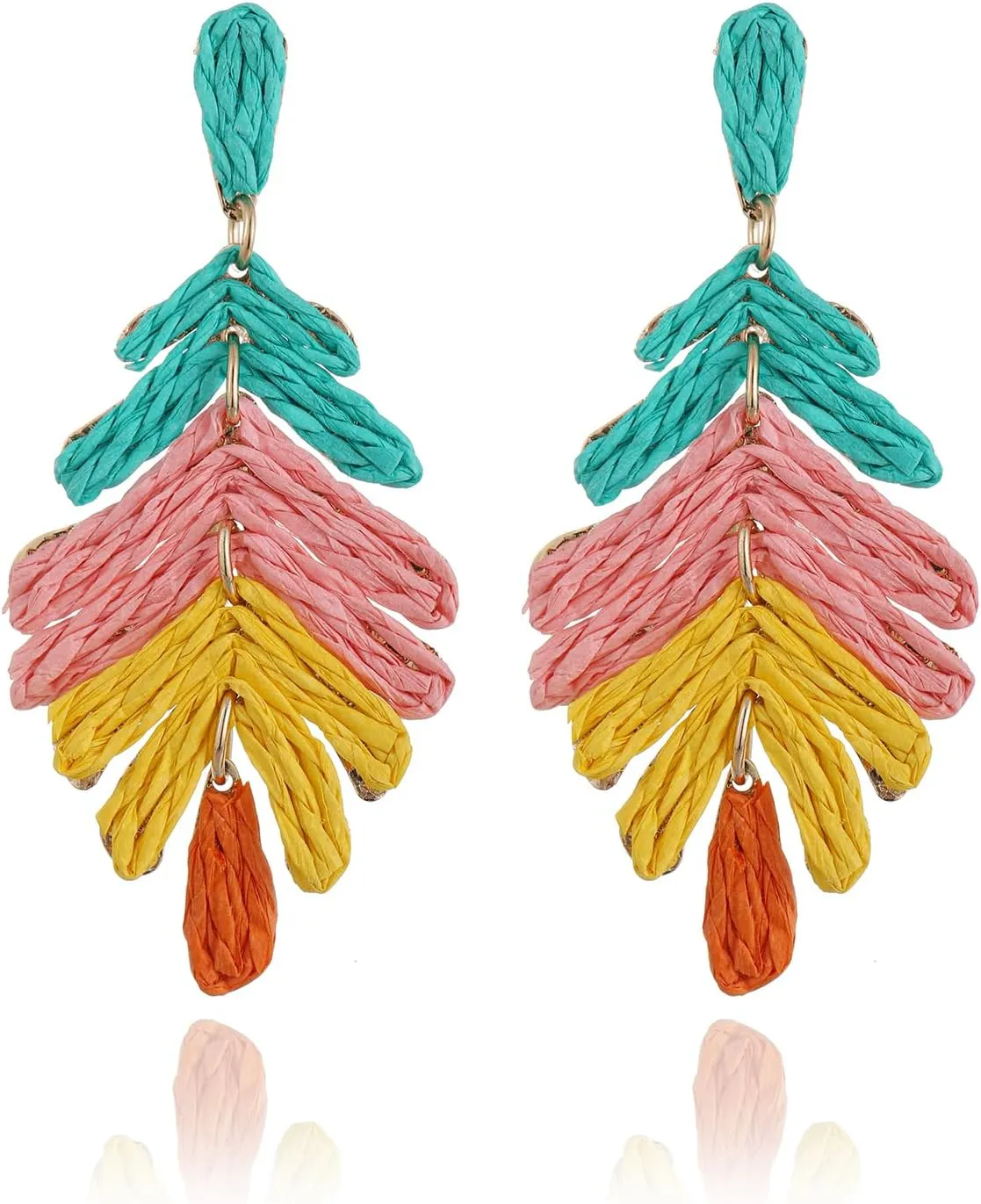Raffia Long Palm Leaf Earrings, Colorful Handmade Rattan Leaf Drop Dangle Earrings Summer Tropical Beach Jewelry