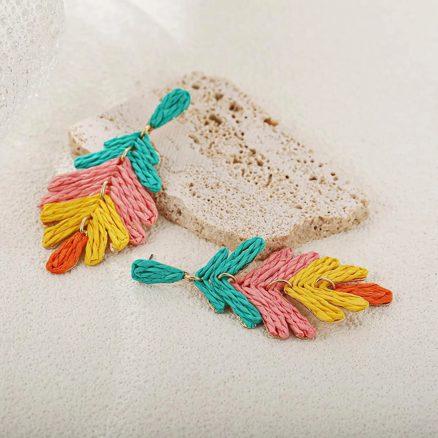 Raffia Long Palm Leaf Earrings, Colorful Handmade Rattan Leaf Drop Dangle Earrings Summer Tropical Beach Jewelry