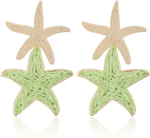 Raffia Starfish Earrings, Raffia Straw Wrapped Starfish Drop Dangle Earrings Summer Tropical Beach Jewelry