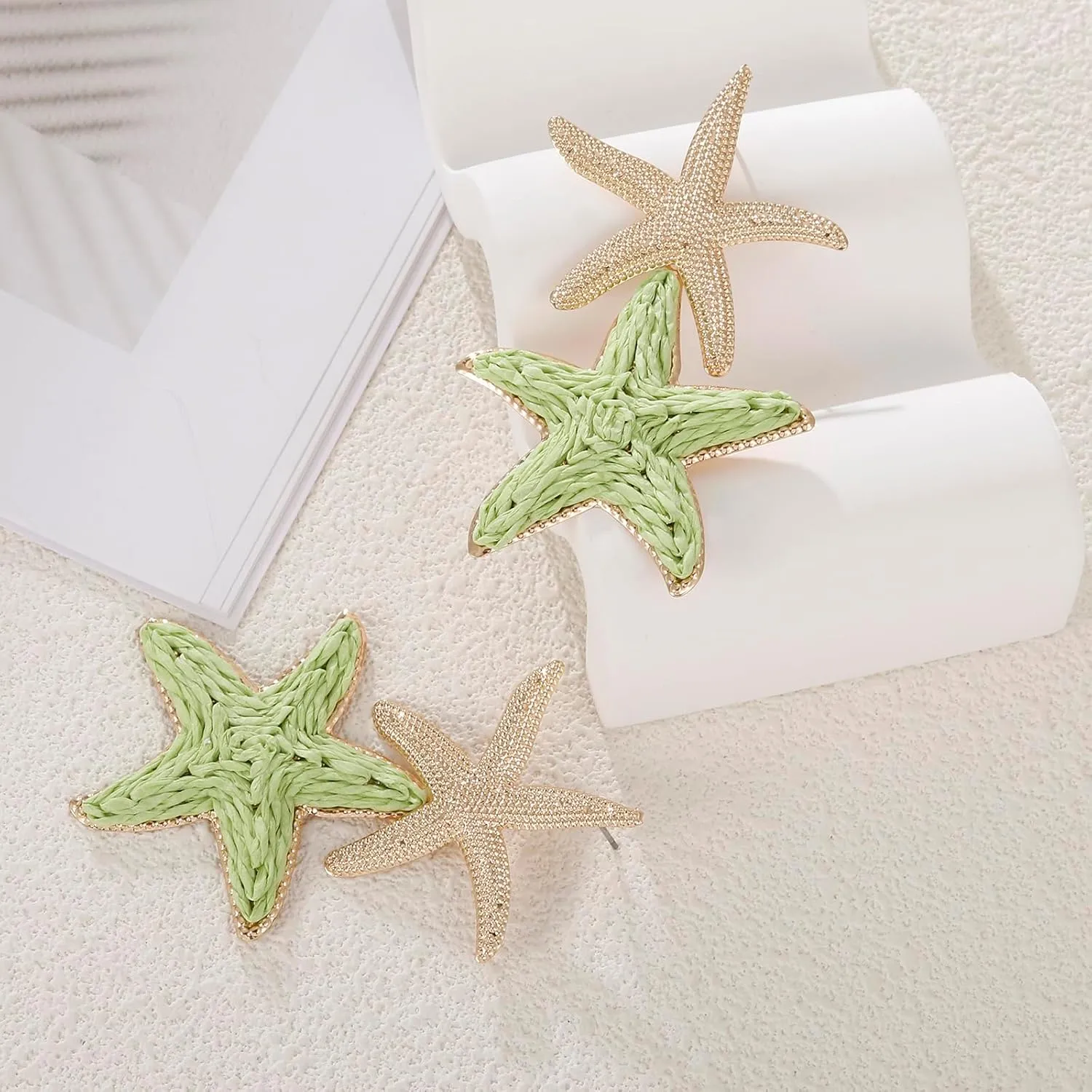 Raffia Starfish Earrings, Raffia Straw Wrapped Starfish Drop Dangle Earrings Summer Tropical Beach Jewelry