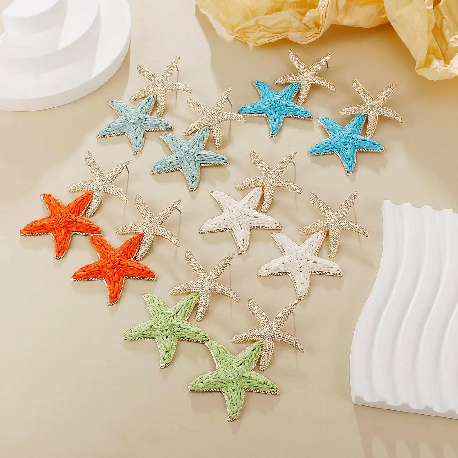 Raffia Starfish Earrings, Raffia Straw Wrapped Starfish Drop Dangle Earrings Summer Tropical Beach Jewelry