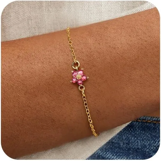 Raicegs Birthstone Gold Bracelets for Women Dainty Link Bracelet 18k Gold Plated Chain Flower Charm Bracelets Birthstone Jewelry Birthday Friendship Gifts for Her