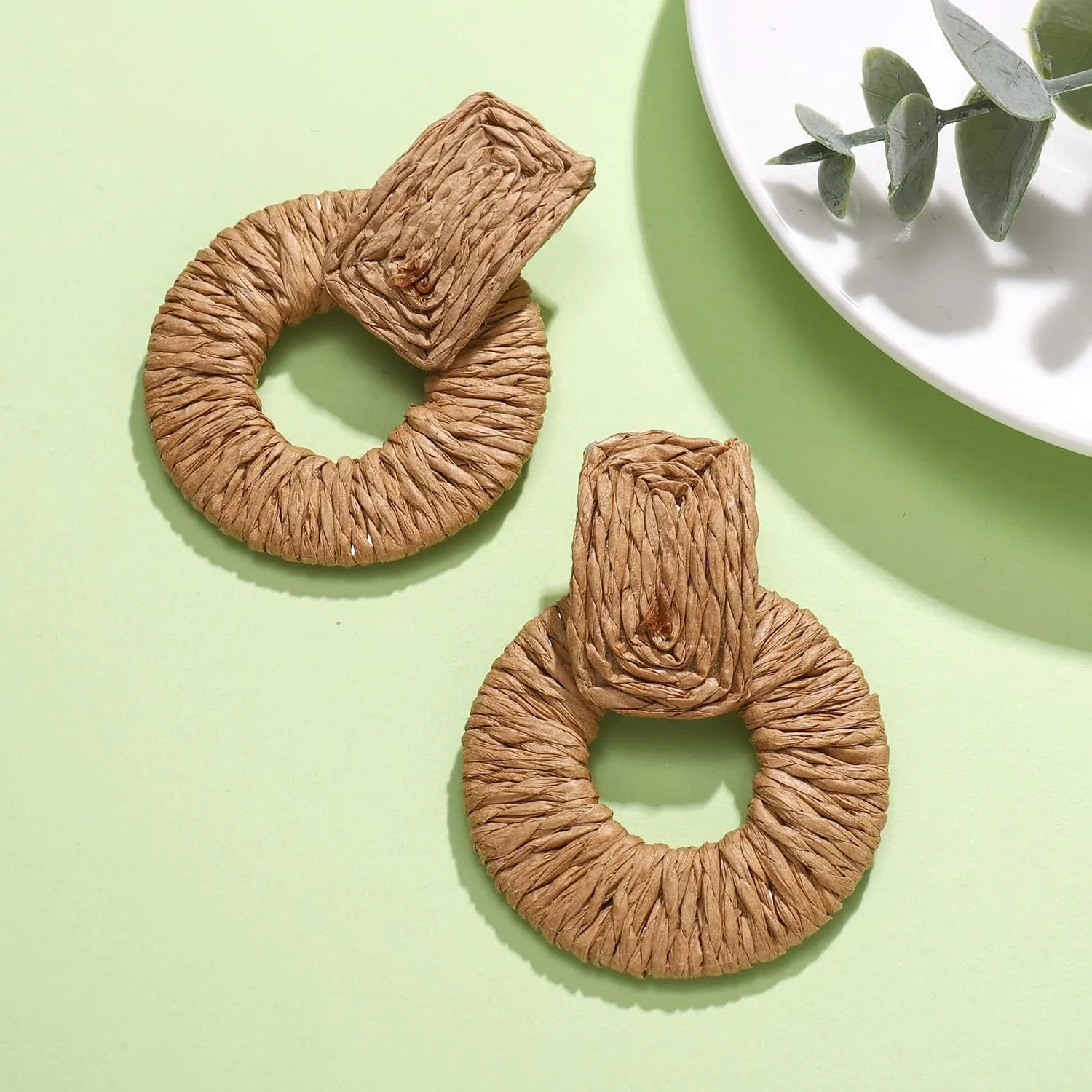 Rattan Earrings for Women Handmade Straw Raffia Woven Hoop Dangle Earrings Boho Summer Beach Accessories Gifts