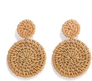 Rattan Woven Dangling Earrings Handmade Straw Dangle Drop Earrings Boho Summer Beach Statement Circle Ball Hoop Earrings for Women