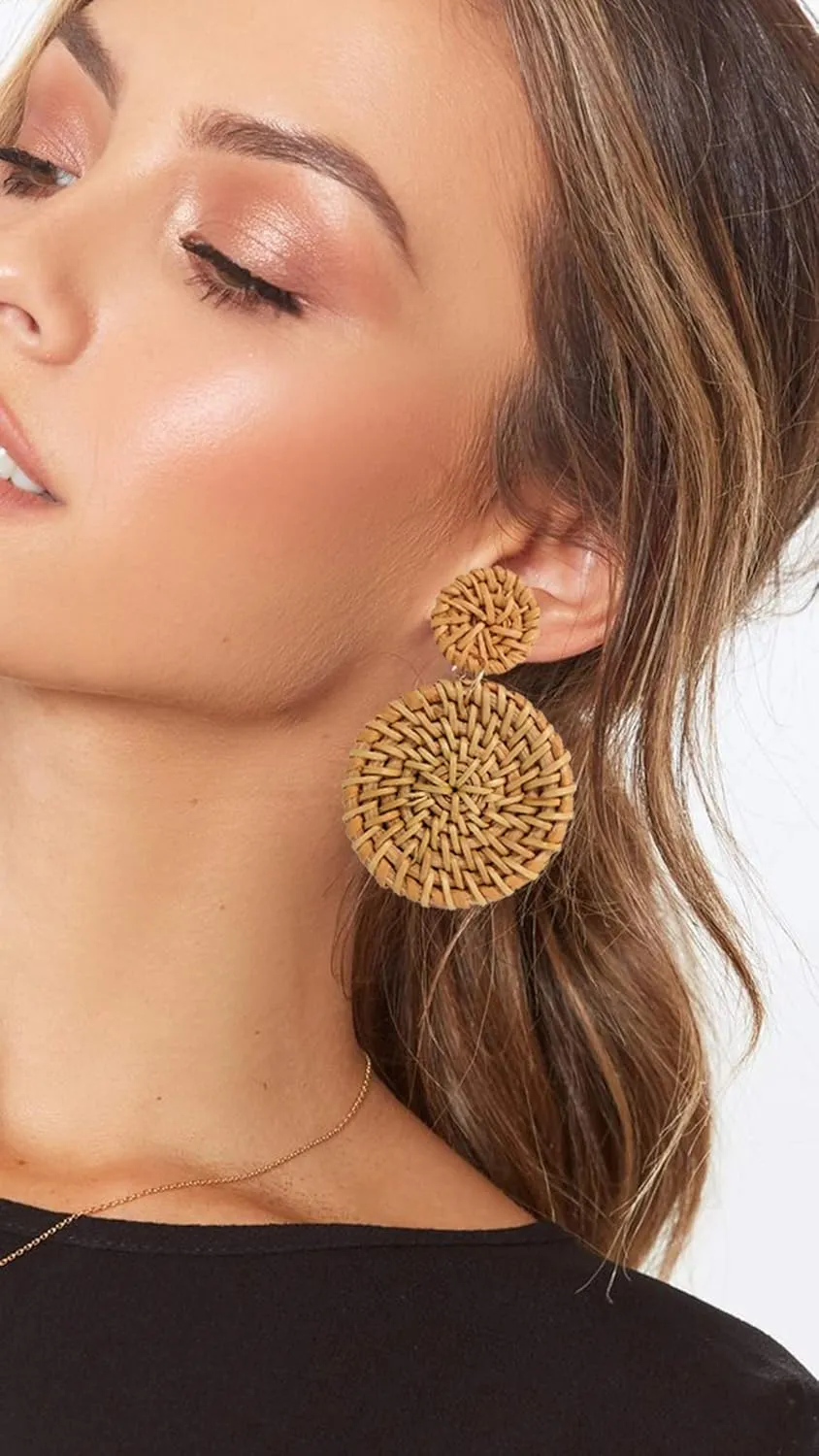 Rattan Woven Dangling Earrings Handmade Straw Dangle Drop Earrings Boho Summer Beach Statement Circle Ball Hoop Earrings for Women