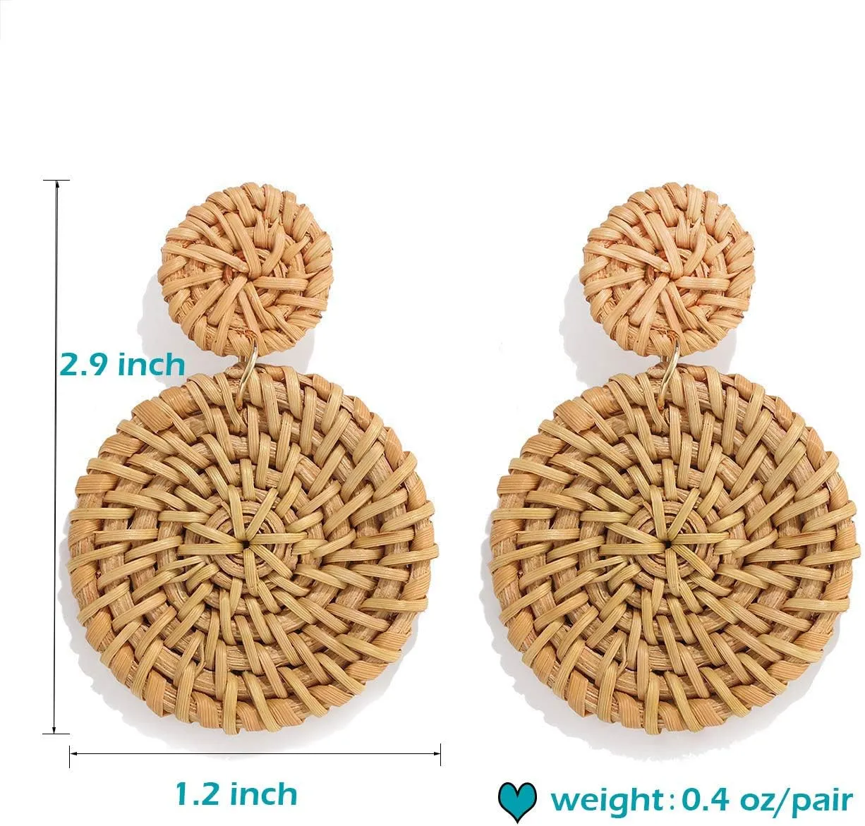 Rattan Woven Dangling Earrings Handmade Straw Dangle Drop Earrings Boho Summer Beach Statement Circle Ball Hoop Earrings for Women