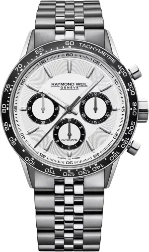 RAYMOND WEIL Freelancer Men's Automatic Watch, Chronograph, White Dial with Silver Indexes, Black Ceramic Bezel, Stainless Steel Case, 43.5mm (Model: 7741-ST1-30021)